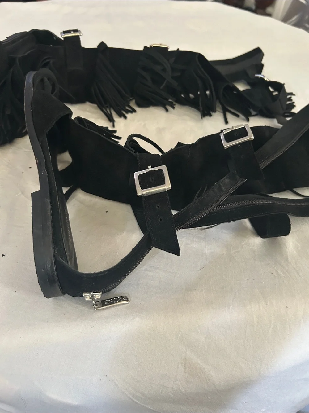 Prune Black Fringe Gladiator Sandals with Buckle Straps
